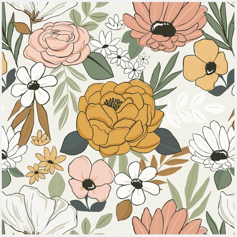 HAOKHOME Vintage Large Floral Peel and Stick Wallpaper Removable Daisy Leaf Mushroom/Sand/Oliva Vinyl Self Adhesive Mural 17.7in x 32.8ft
