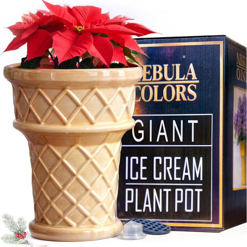 Fun & Unique Ice Cream Cone Flower Planter Charming 7" Tall Ceramic Vase for Indoor & Outdoor Home Decor – Quirky Retro Garden Art for Plant Lovers
