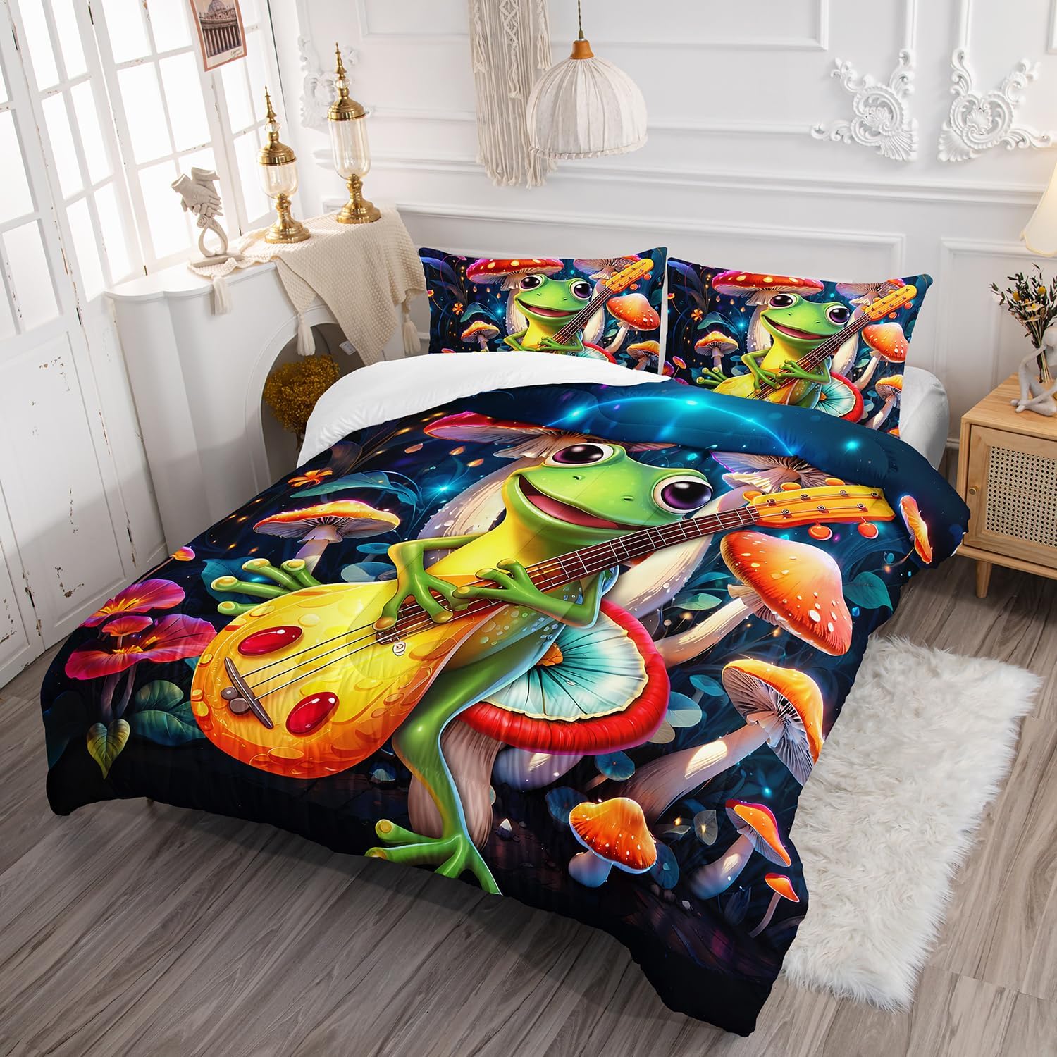 81v88Io-o6L._AC_SL1500_.jpg Cute Frog Guitar Comforter Set Queen Size, Botanica Mushroom 3 Piece Bedding Set for Kids, Cartoon Comforter for Room Decor - Image 2