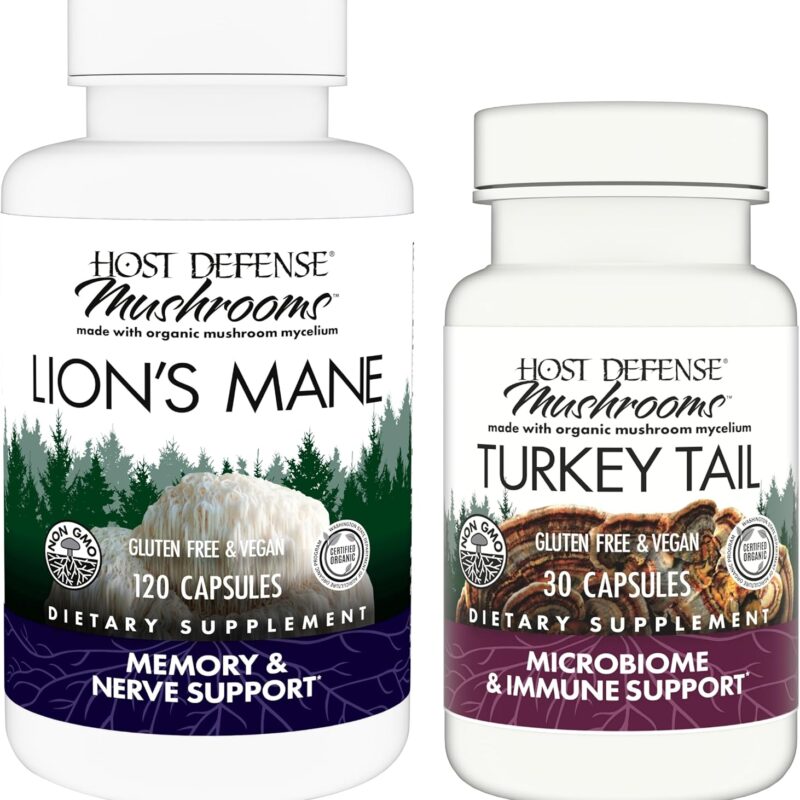 Host Defense Bundle with Lion's Mane Capsules, 120 Count & Turkey Tail Capsules, 30 Count - Support Brain Health, Memory & Focus - Support Digestive & Immune Health