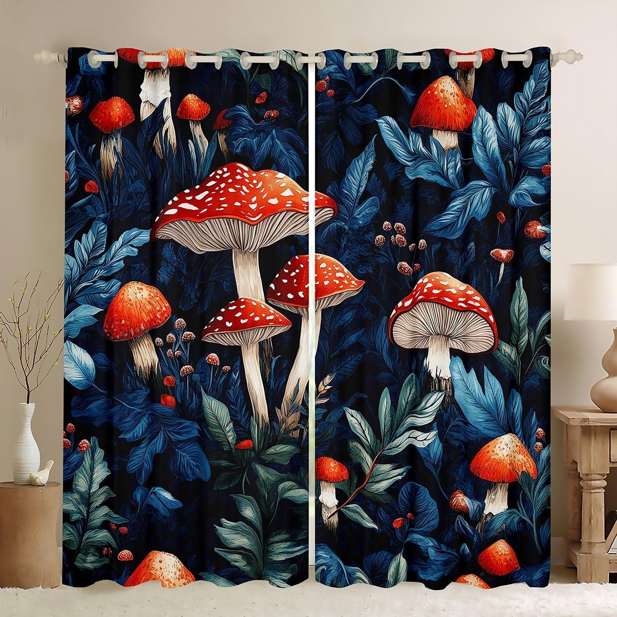 81vrOxC03mL._AC_SL1200_.jpg Erosebridal Mushroom Window Treatments for Kids Boys Girls Teen,Boho Fungus Botanical Curtain 52" Wx84 L,Red Watercolor Mushroom Plants Window Curtain Jungle Wild Plant Leaves Curtains & Drapes