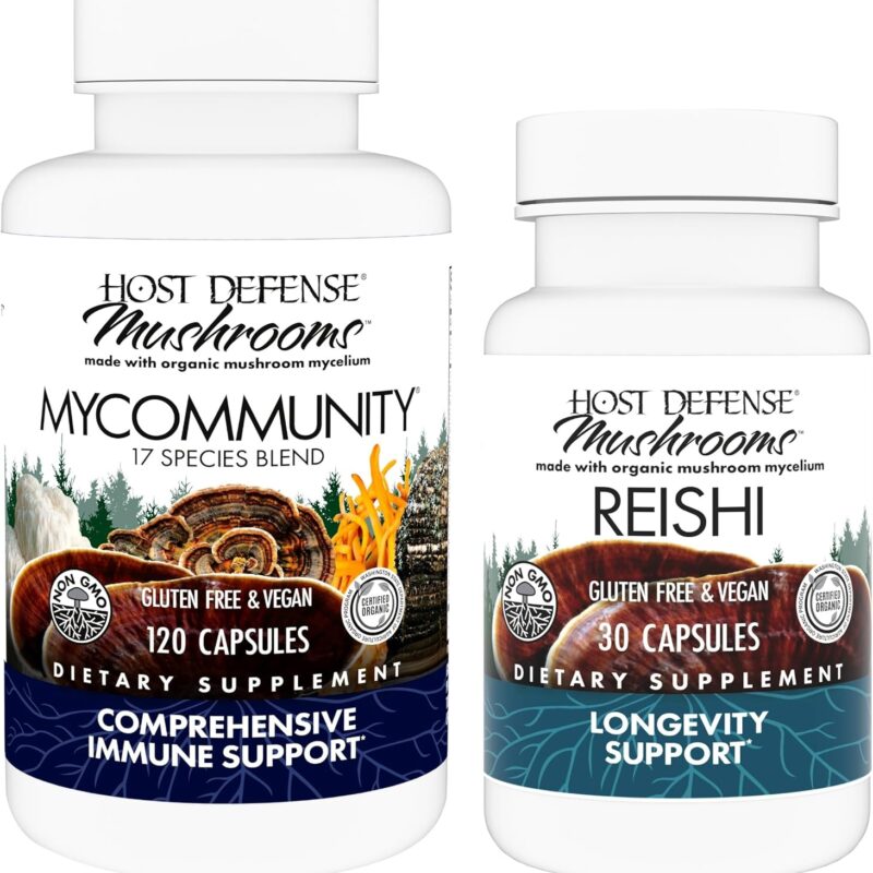 Host Defense MyCommunity Capsules, 120 Count & Reishi Capsules, 30 Count - Support Immune Health with 17 Species Mushroom Blend - Support Brain Health, Memory & Focus
