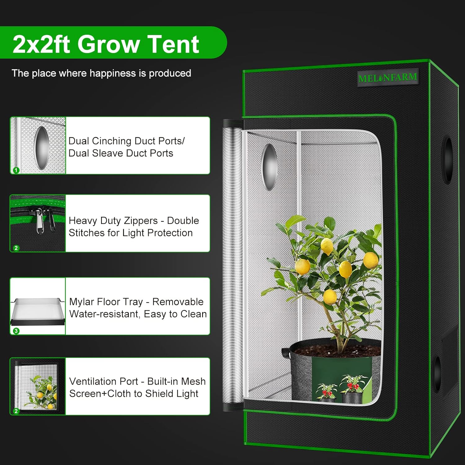 81wFoljqLpL._AC_SL1500_.jpg MELONFARM 2x2 Grow Tent, 24"x24"x48'' High Reflective 600D Diamond Mylar Canvas with Observation Window and Floor Tray for Hydroponic Indoor Plant Growing - Image 3