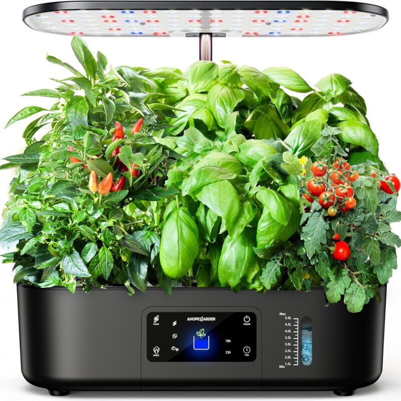 Ahopegarden Hydroponics Growing System Kit Indoor Herb Garden with Grow Light 12 Pods, with LCD Touch Panel Hydroponic Planter, Planting Height Up to 17", Grower Harvest Fresh Veggie Lettuce, Black