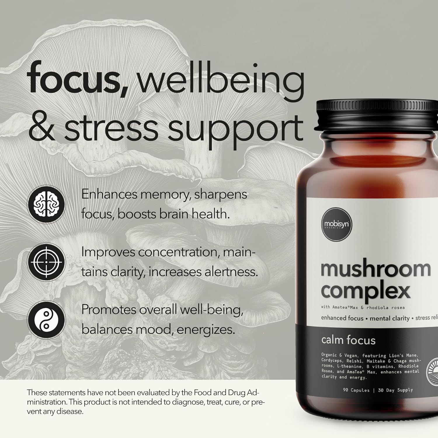 81wbG-VAlvL._AC_SL1500_.jpg Organic Mushroom Supplement with Cognitive Nootropic Mushroom Blend - Lion’s Mane, Cordyceps, Reishi, Chaga, Maitake + Amatea Max, Rhodiolife Rhodiola Rosea, L-Theanine + B-Vitamins, 30-Day Supply - Image 2