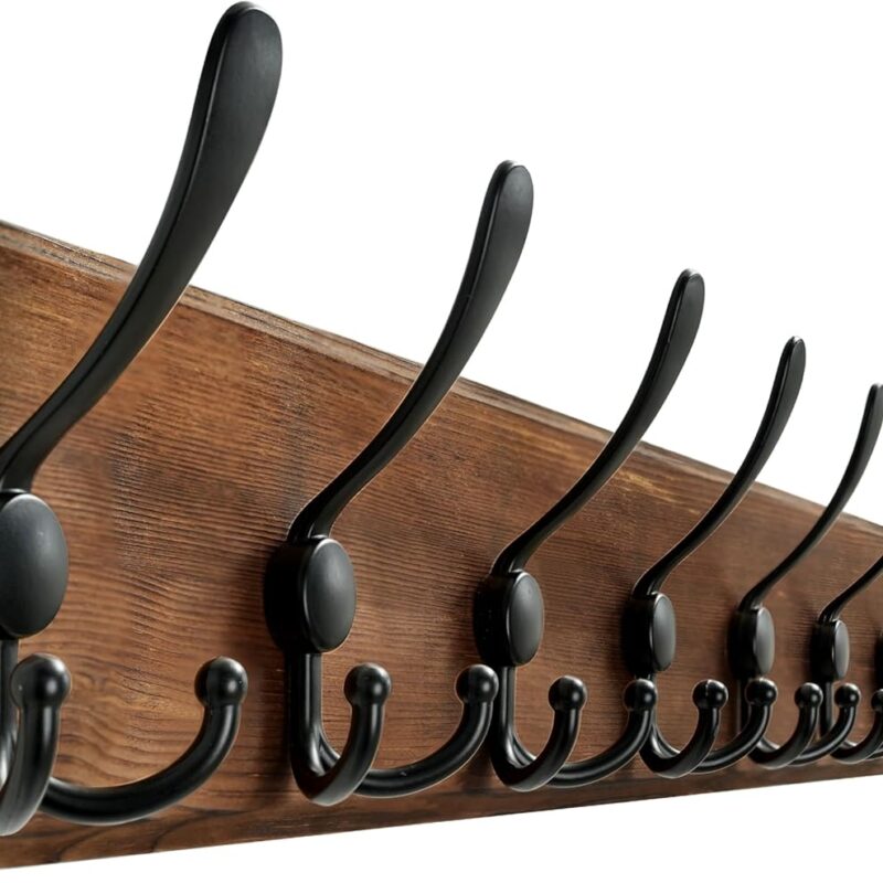 WEBI Coat Rack Wall Mount,38 9/16" Long,10 Hooks,Coat Hooks Wall Mounted,Coat Hanger Wall,Wood Hook Rack Rail,Triple Hooks for Hanging Coats,Clothes,Jacket,Brown