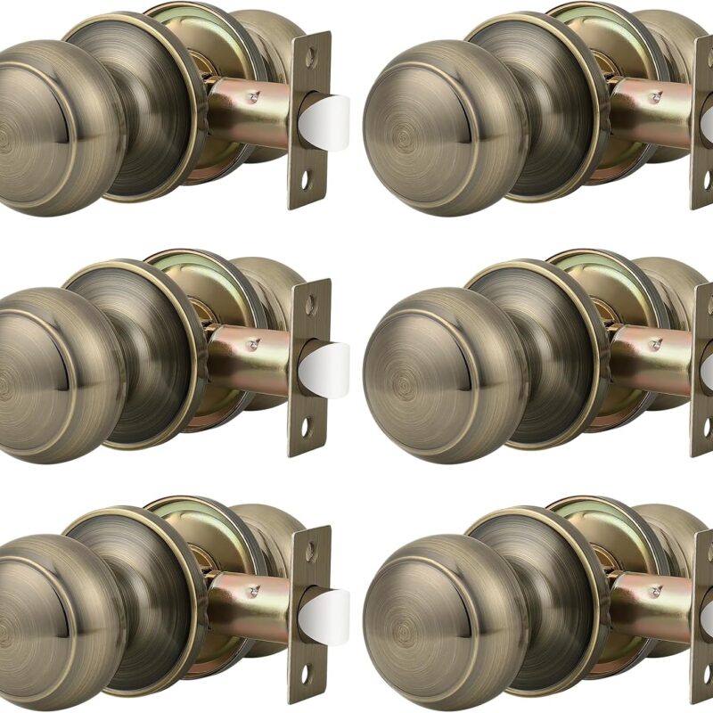 Probrico Round Door Knobs Passage Lock Antique Brass for Closet Hallway Passage Handle Keyless Lockset 6 Pack