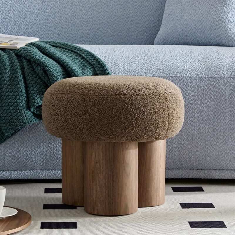 Round Mushroom Ottoman Teddy Stool Small Upholstered Ottoman Shoe Changing Foot Stool Step Stool Sofa Footrest Stool for Living Room Bedroom Entrance (Brown)