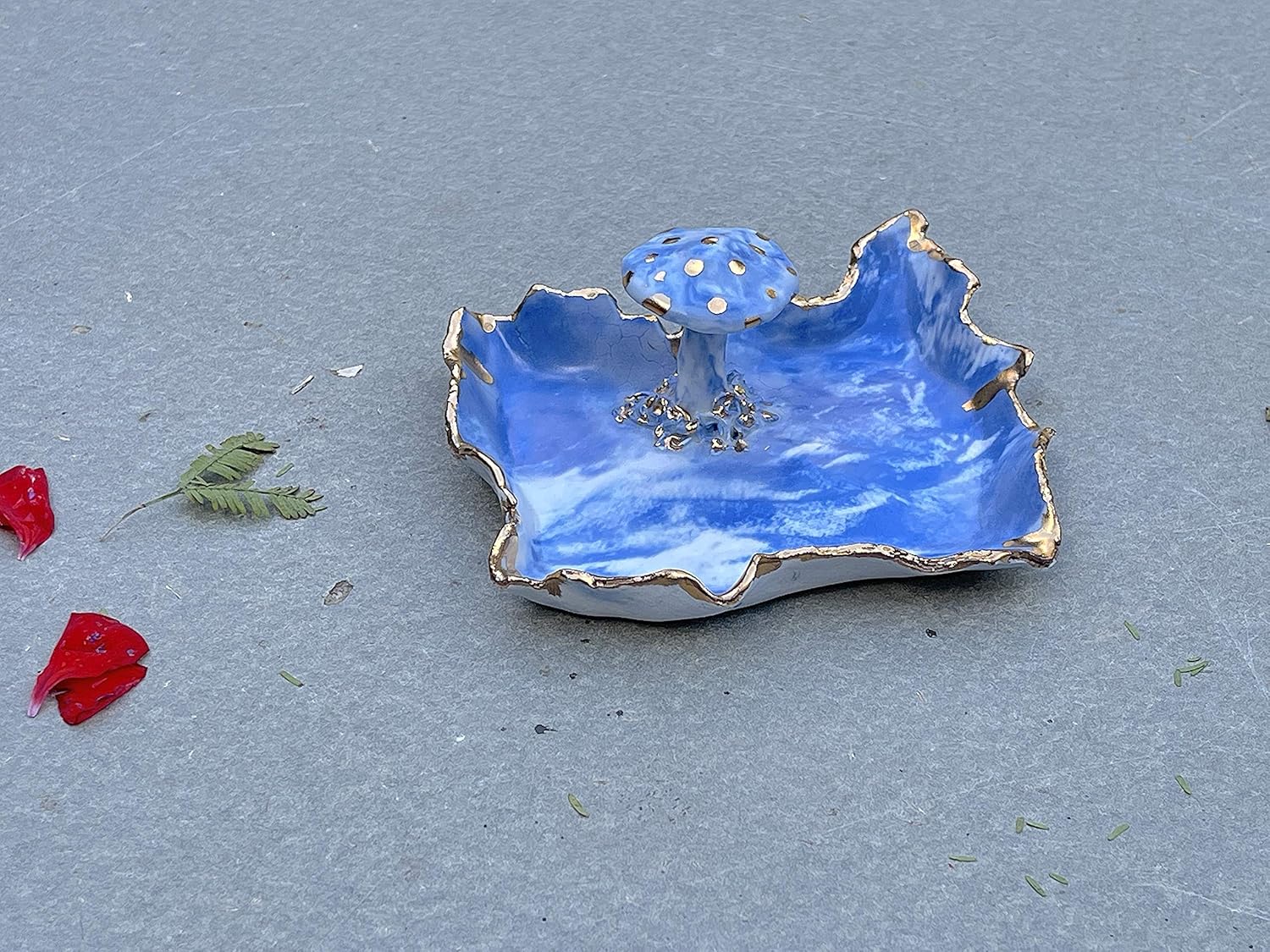 91-A1-5x48L._SL1500_.jpg Ceramic White Blue Gold Marbled Mushroom Ring Holder, Handmade Jewelry Dish, One of a Kind Gift for Mom, Bride, Sister, Daughter, Wife, Best Friend, Girlfriend, Her, Them, Men, Women - Image 6