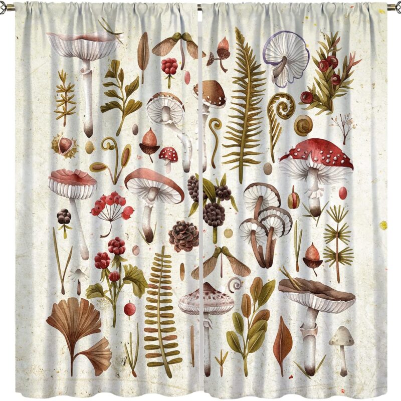 Vintage Mushroom Curtains,Forest Wild Plant Mushroom Pine Cone Print Curtains for Bedroom Living Room Kitchen Window Curtains Treatments 63x63in