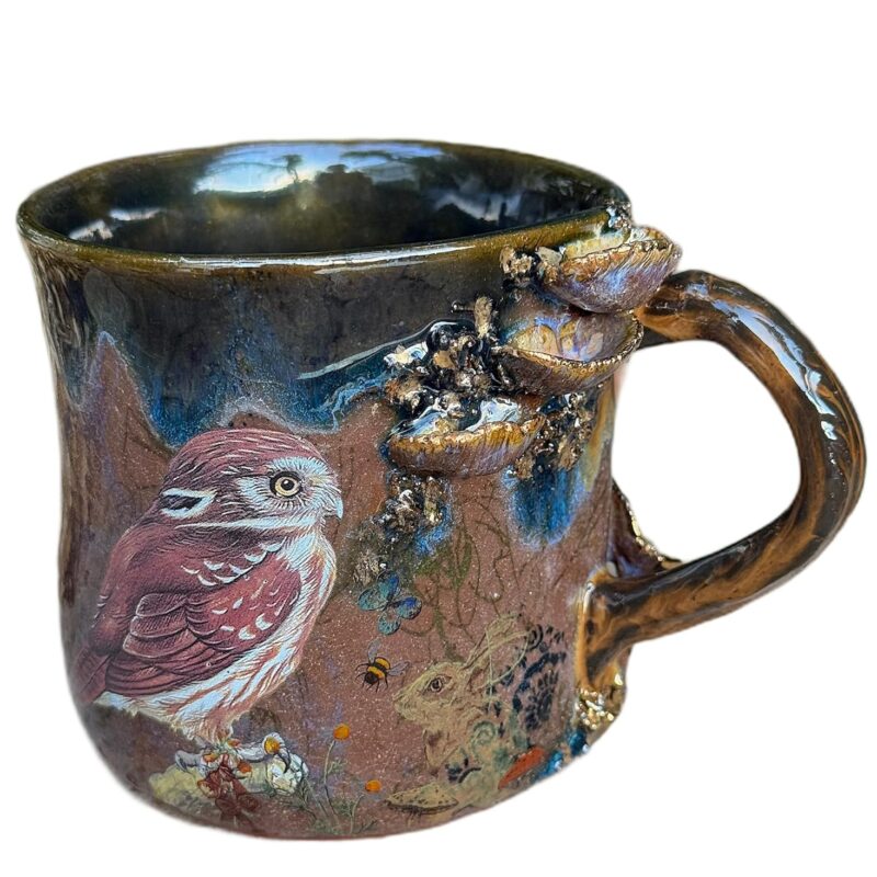 Brown Owl and Bunny Mug with Mushrooms, Ceramic Tea or Coffee Cup 14oz., Easter Tableware, Gift for Women, Men, Couples, Manuela Marino Ceramic