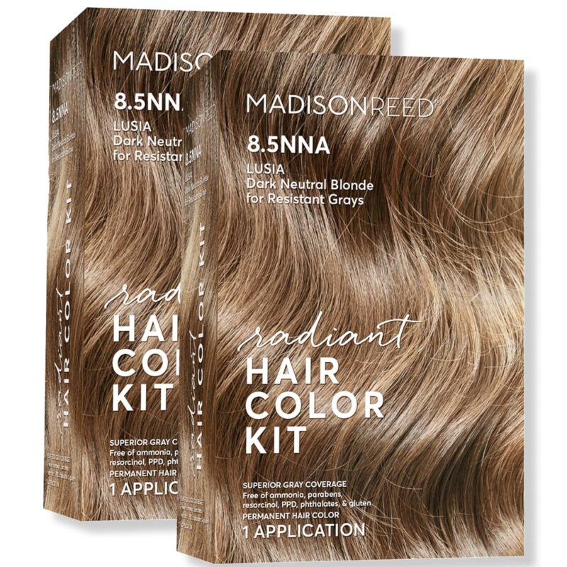 Madison Reed Radiant Hair Color Kit, Dark Neutral Blonde for 100% Gray Coverage of Resistant Gray Hair, Ammonia-Free, 8.5NNA Lusia Dark Blonde, Permanent Hair Dye, Pack of 2