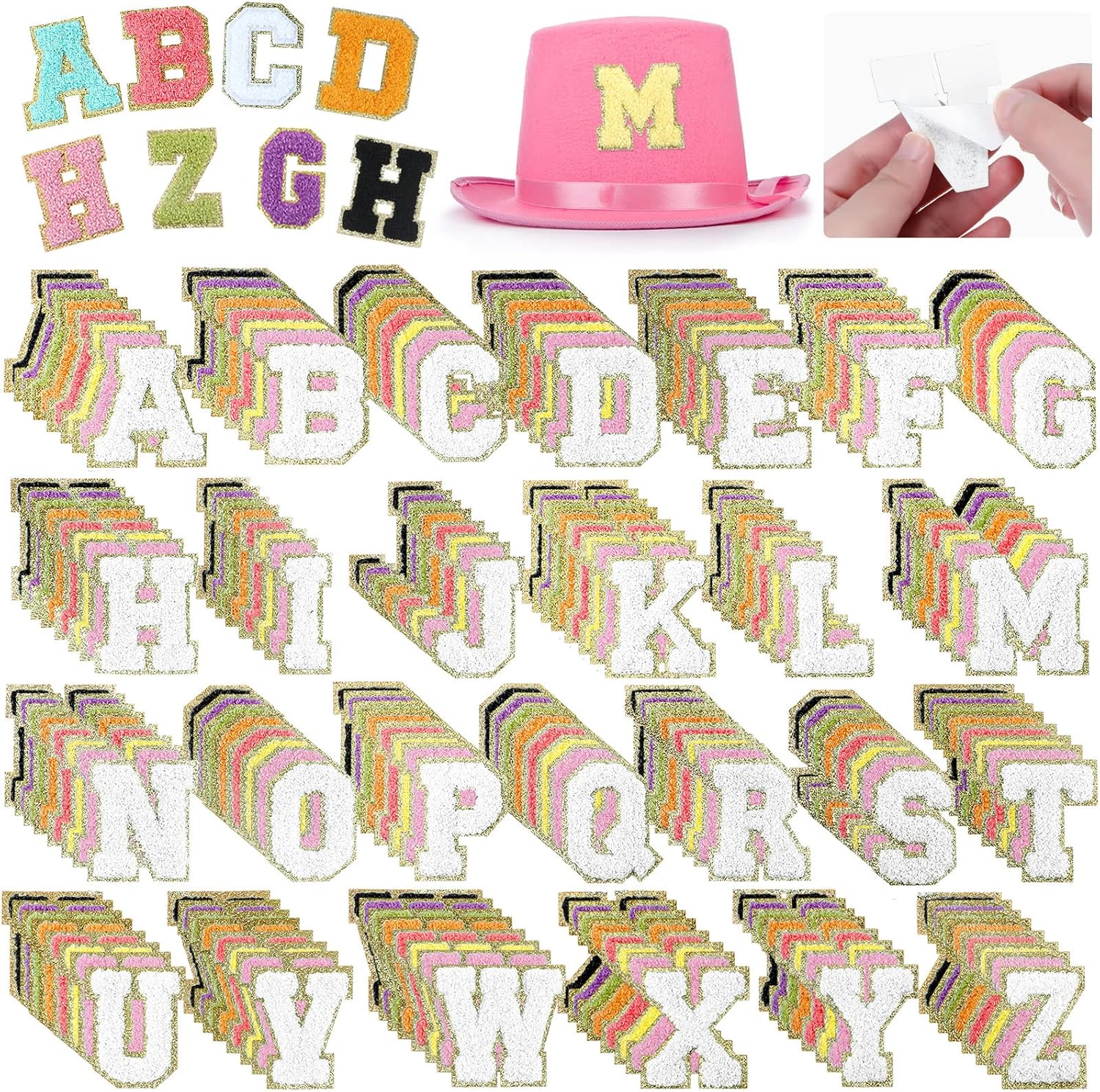 91E2KpOpGuL._AC_SL1500_.jpg 234 Pieces Self Adhesive Chenille Letter Patches 2.56 Inch Gold Glitter Border Alphabet Stick on Patches for Fabric Clothing Repairing DIY Craft Decoration (Multicolor)