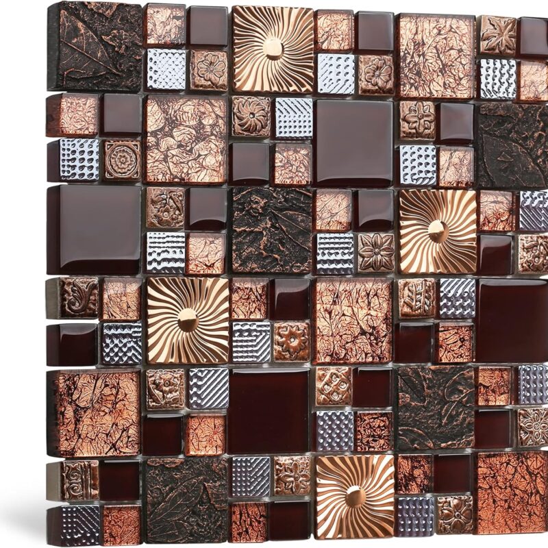 Blujellyfish Red Wine Colors Glass Tile 2'' x 2'' Leaf Carving Imprints Antique Mosaics Textured Rose Gold Metal Kitchen Bathroom Walls Backsplash Tiles (Pack of 5 Square Feet)