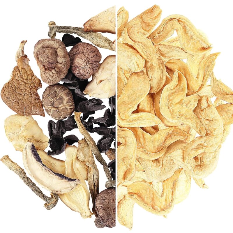 Yimi Dried Assorted Mushrooms 4.2 oz and Dried Soy Beans Protein Strips 4.6 oz