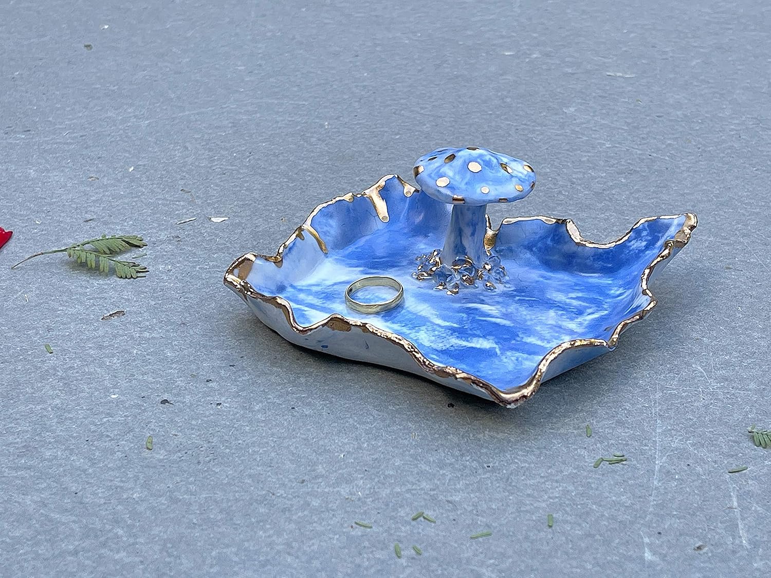 91VJIjLmTGL._SL1500_.jpg Ceramic White Blue Gold Marbled Mushroom Ring Holder, Handmade Jewelry Dish, One of a Kind Gift for Mom, Bride, Sister, Daughter, Wife, Best Friend, Girlfriend, Her, Them, Men, Women - Image 2