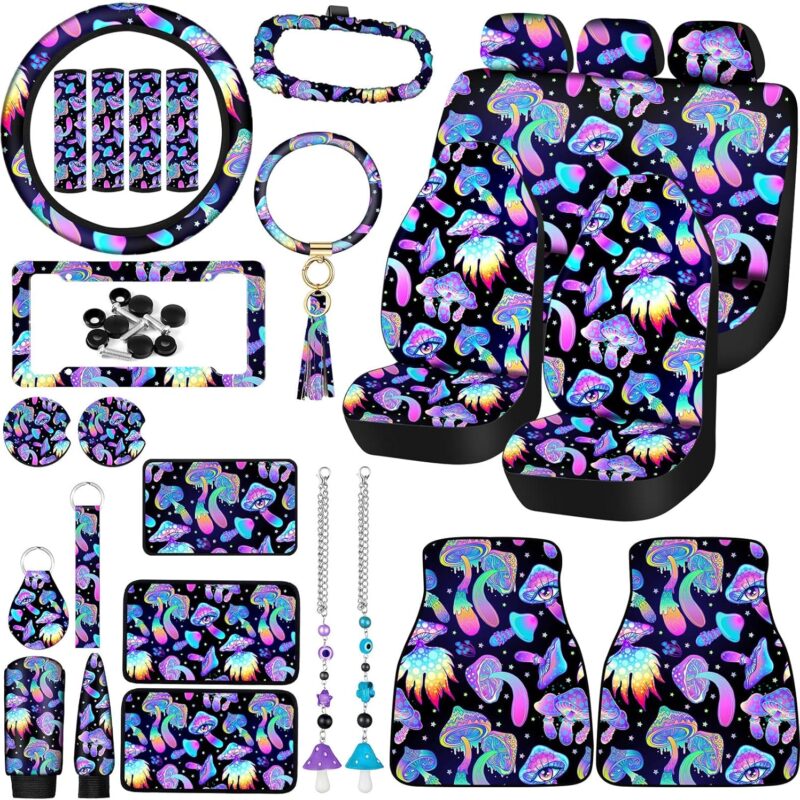 91bQOaJRBrL._AC_SL1500_.jpg Fabbay 26 Pcs Mushroom Car Seat Covers Set with Protectors Steering Wheel Seat Belt Cover Floor Mat Armrest Cushion Key Chains Auto Interior Accessories for Women(Rainbow)