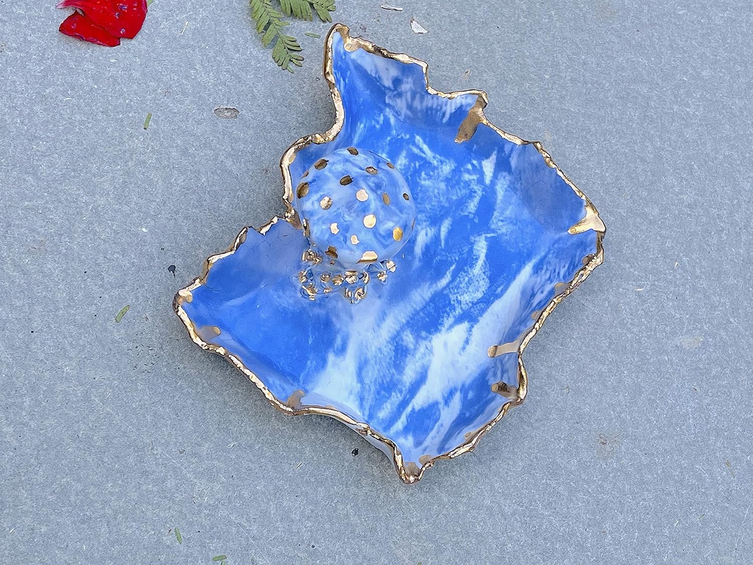 91cNLEBUasL._SL1500_.jpg Ceramic White Blue Gold Marbled Mushroom Ring Holder, Handmade Jewelry Dish, One of a Kind Gift for Mom, Bride, Sister, Daughter, Wife, Best Friend, Girlfriend, Her, Them, Men, Women - Image 4