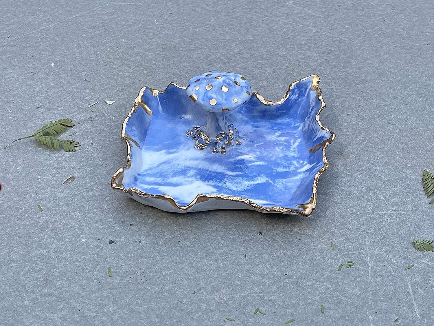 91g4iYnRZtL._SL1500_.jpg Ceramic White Blue Gold Marbled Mushroom Ring Holder, Handmade Jewelry Dish, One of a Kind Gift for Mom, Bride, Sister, Daughter, Wife, Best Friend, Girlfriend, Her, Them, Men, Women - Image 3