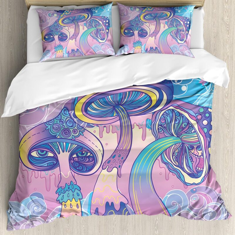 Ambesonne Mushroom Duvet Cover Set, Trippy Drawing Hippie Design Sixties Visionary Psychedelic Shamanic, Decorative 3 Piece Bedding Set with 2 Pillow Shams, Queen Size, Pink Purple