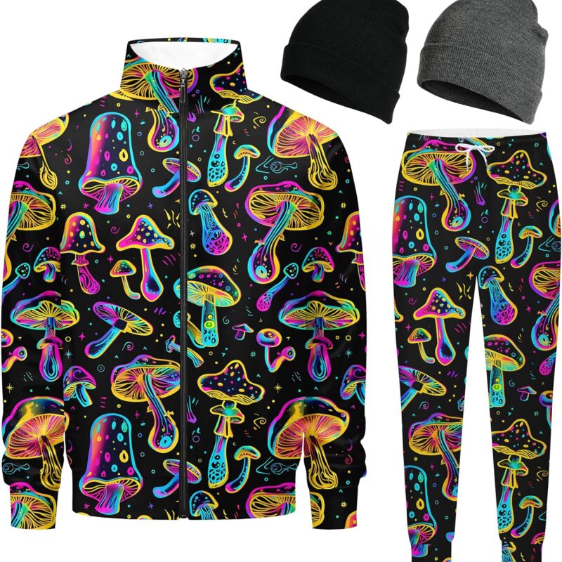 Retro 90s 80s outfit for men sweatsuits track suits for men 2 piece set Full Zipper with 2 Knit Beanie hat