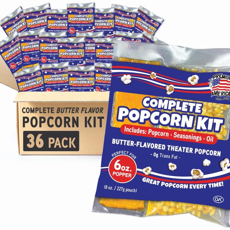 Premium America Popcorn Kit, 36 Packs for a 6 oz Popper, Movie Theater Popcorn Kernels, Oil & Seasoning Pack, Bulk All in One, Popcorn Gifts