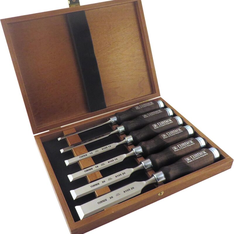 Narex 6 pc Set 6 mm (1/4), 10 (3/8), 12 (1/2), 16 (5/8), 20 (13/16), 26 (1-1/16) Woodworking Chisels in Wooden Presentation Box 853053