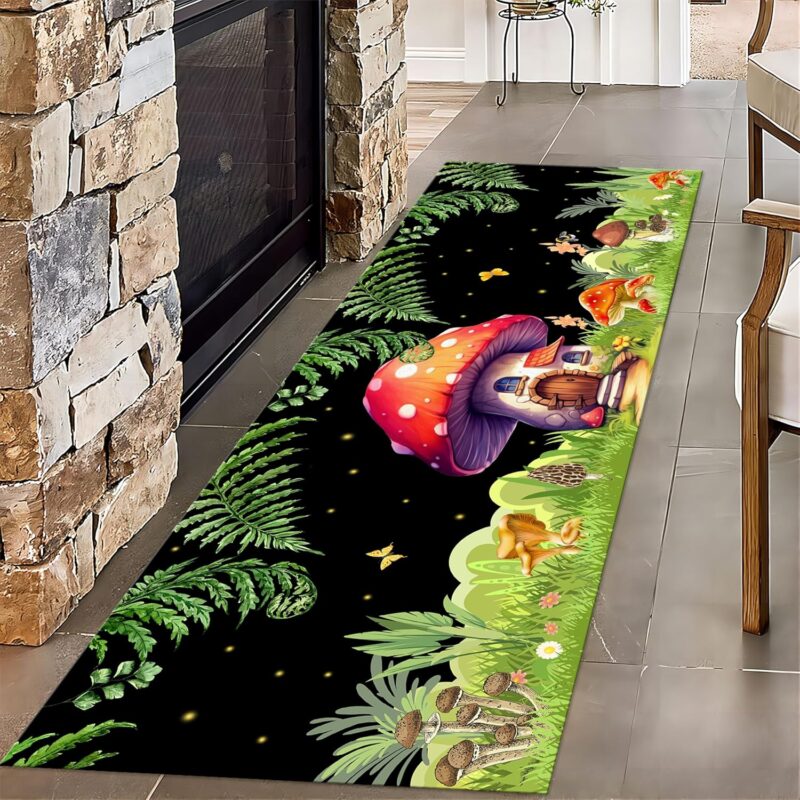 Mushroom Kitchen Rugs, 2x8ft, Mushroom Forest Leaf Bedroom Area Rug, Durable Non-Shedding Low Pile Carpets, Soft Floor Cover Breathable Rug for Hardwood Floors Runner Nursery