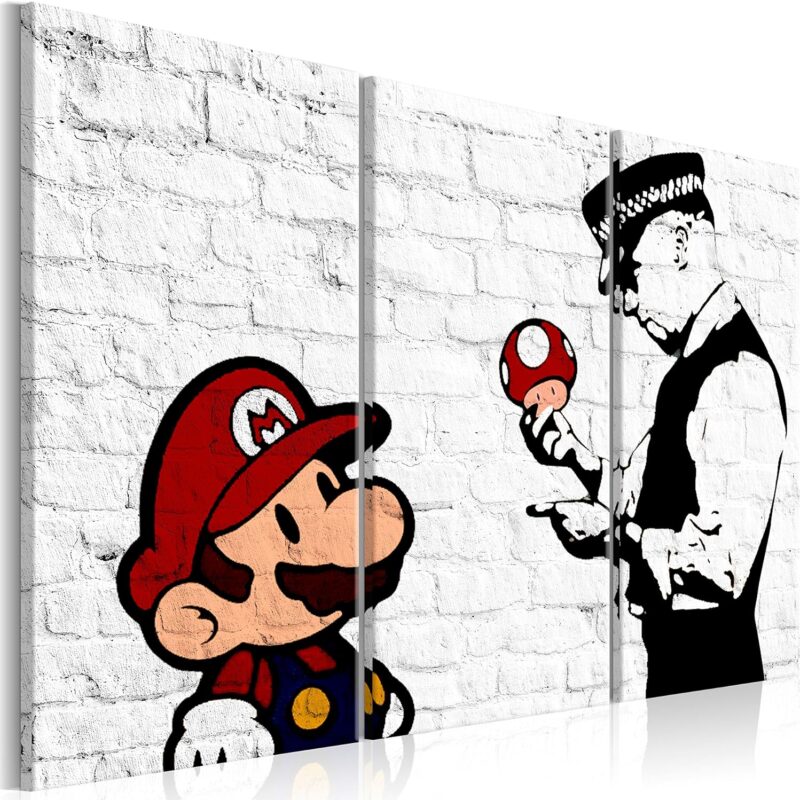 artgeist Textured Canvas Wall Art Banksy Super Mario Mushroom Cop 53x35 in - 3pcs Painting Canvas Prints Picture Artwork Image Framed Contemporary Wall Street Art Graffiti Faux Bricks i-C-0098-b-e