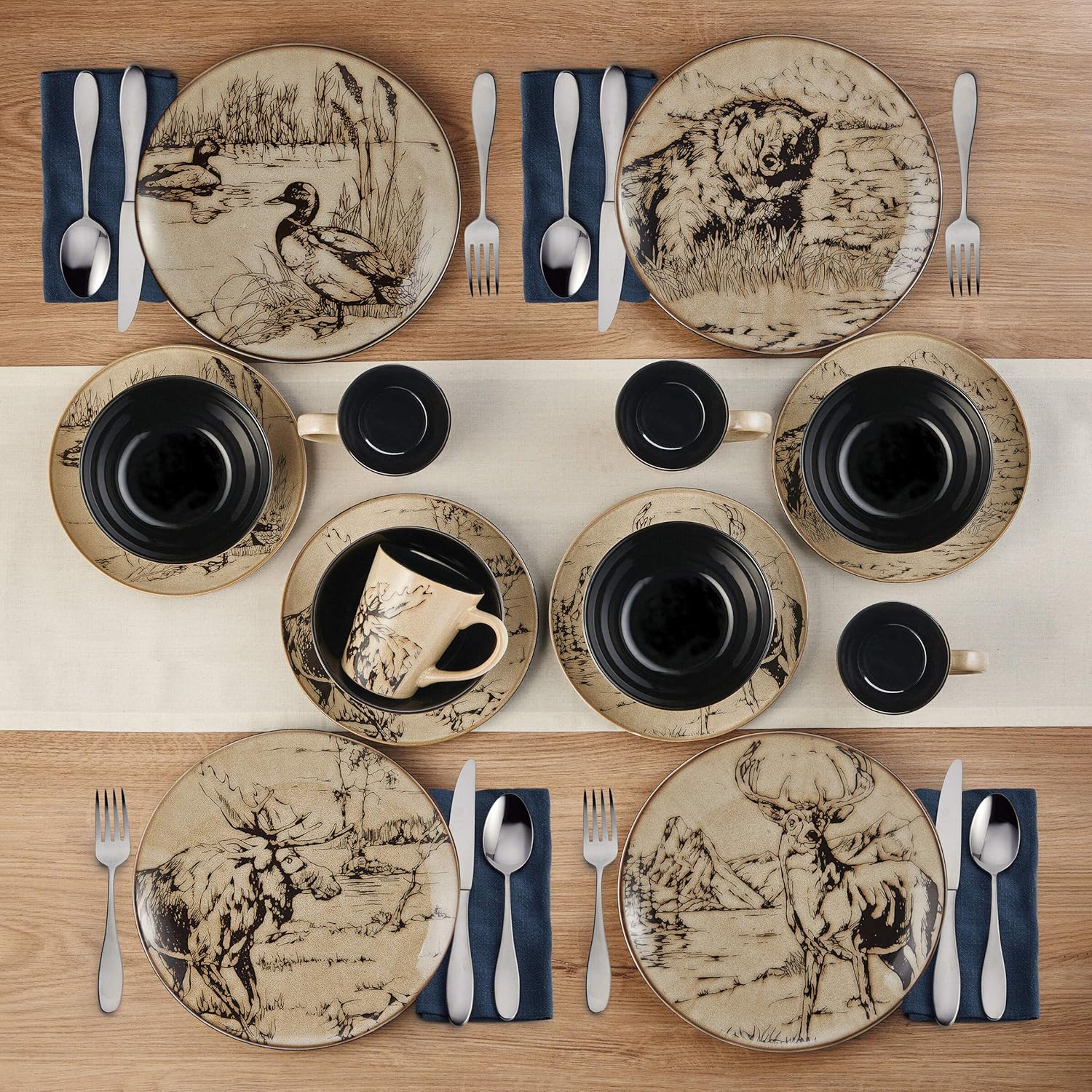 A1syEsPLML._AC_SL1500_.jpg Mossy Oak Animal Print 16 Piece Dinnerware Set, Black and Beige - Image 3