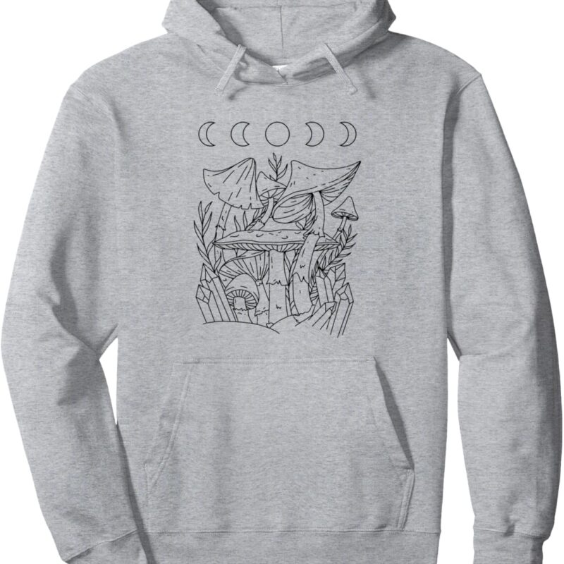 Magical Esoteric Mushrooms Moon Phases Line Art Pullover Hoodie