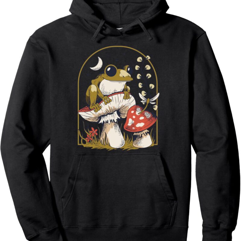 Cottagecore Aesthetic Frog on Mushroom Toadstool Sketch Cute Pullover Hoodie