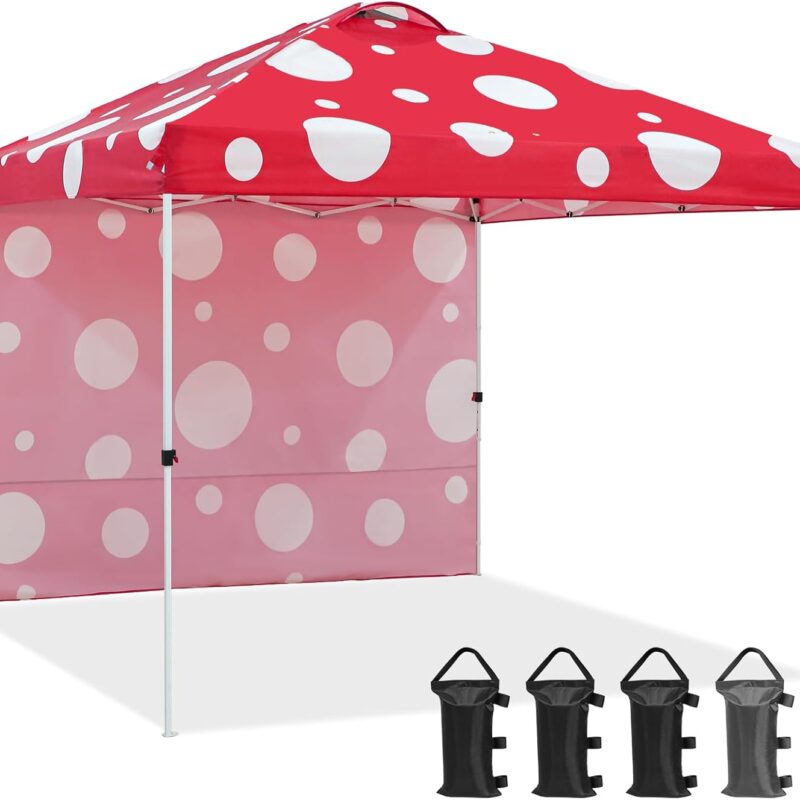EAGLE PEAK Pop Up Canopy Tent with 1 Sidewall, Easy Setup Event Tent, Outdoor Sun Shade, Wheeled Carry Bag, Stakes and Guy Ropes, Instant Canopy 10x10, Red Mushroom