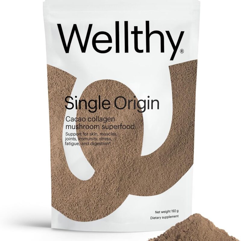 Wellthy Collagen Superfood Powder, Fights Stress & Fatigue, Cacao, Mushroom Powder - Organic Chaga & Reishi Extracts, Certified Organic Matcha, Allergen-Free & Non-GMO