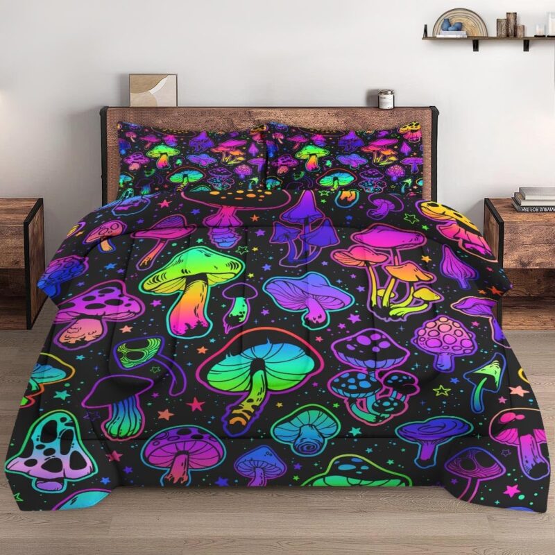 Full Size Comforter Set with 2 Pillowcases, Summer Halloween Mushroom Neon Soft 3 Pcs Bedding for Kids and Adults Bedroom Bed Decor