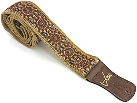 1to1 Music Vtar Guitar Strap - Brown Floral Psychedelic Handmade with Vegan Leather - Natural Strap