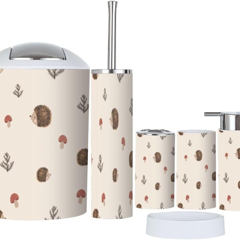 Bathroom Accessory Set 6 Piece Cute Seamless Pattern Hedgehog Mushrooms Trees Hand Drawn Toothbrush Holder, Toothbrush Cup, Soap Dispenser, Soap Dish, Toilet Brush Holder, Trash can