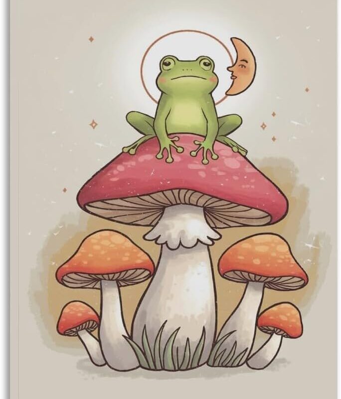 Framed Canvas Print Wall Art Poster with Frog Sitting On Mushroom Framed Artwork Aesthetic Home Wall Decor for Living Room Bathroom Bedroom Wall Art Framed24x36inch
