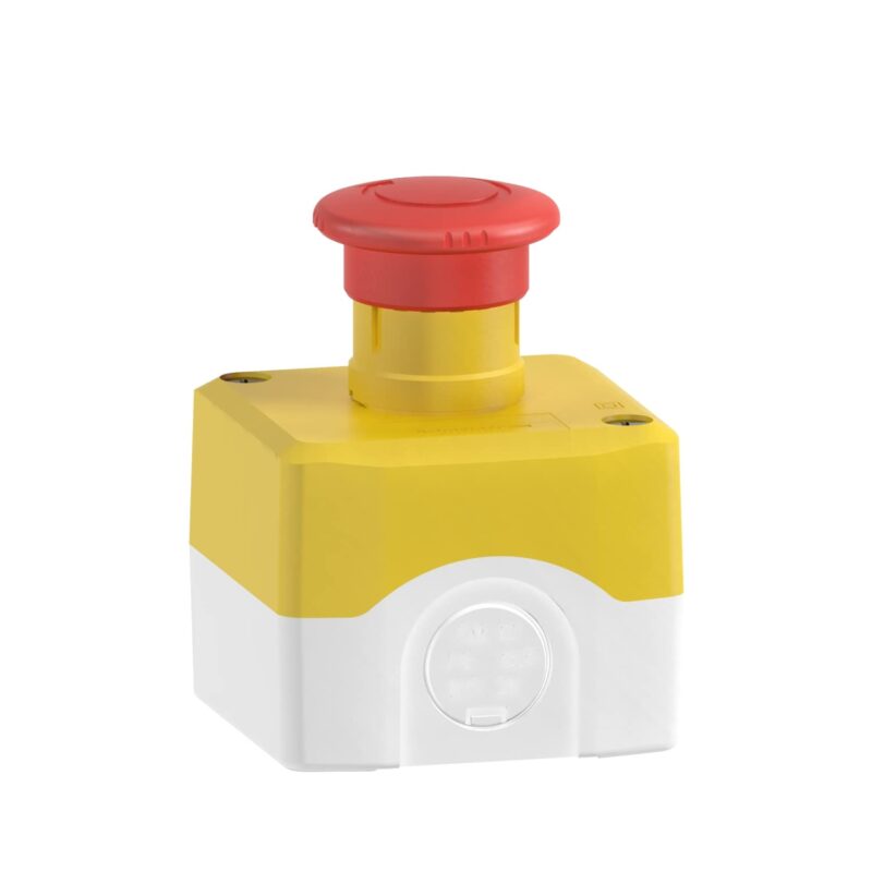 Schneider Electric Control Station, Plastic, Yellow lid, 1 red Mushroom Push Button Ø40, Turn to Release, 2 NC