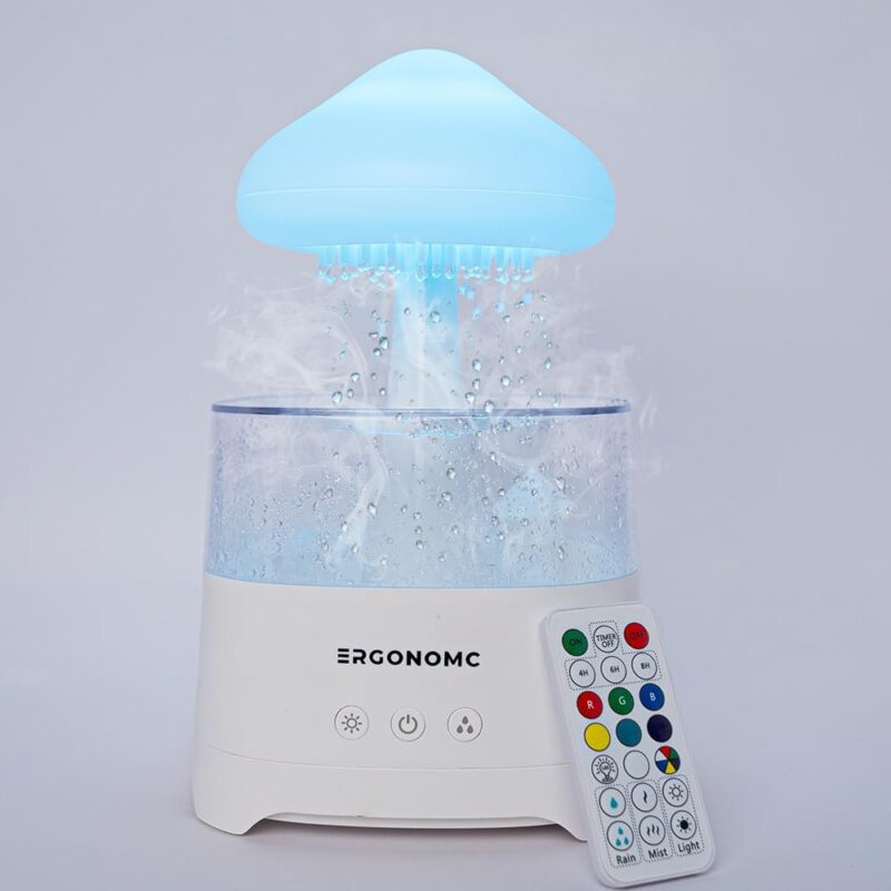 Rain Cloud Humidifier Water Drip, 2X Cool Mist Rate Ultrasonic Aromatherapy Diffuser by Ergonomc: Remote Controlled, 7 Color Night Light, 450ml, Auto Shut Off, Mushroom Humidifier, 1Yr Warranty