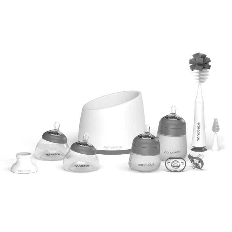 Nanobébé Breastmilk and Silicone Baby Bottle Complete Set Gen 2 with Anti-Colic Nipples, Bottle Brush, Pacifiers, Warmer, Pump Adapter - 5oz and 9oz - Grey