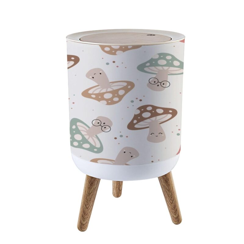 Small Trash Can with Lid for Bathroom Kitchen Office Hand Drawn Seamless Pattern Cute Kawaii Mushrooms Cute Drawing Doodle Garbage Bin Waste Basket Decorative 1.8 gallons