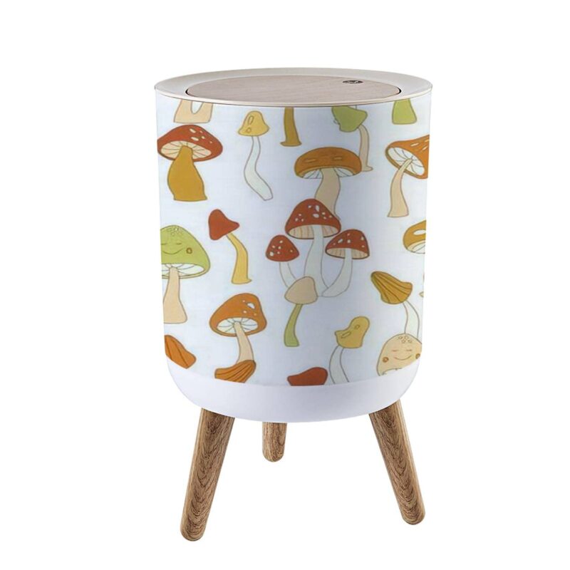 Small Trash Can Lid 70s Retro Mushroom Seamless Groovy Vintage Floral Repeat Fungi 7 Liter Round Garbage Can Elasticity Press Cover Lid Wastebasket Kitchen Bathroom Office 1.8 Gallon
