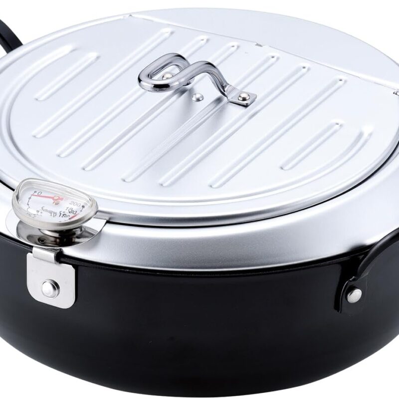 TM-9090 Tsubamesanjo Iimonokoji Iron Tempura Pot with Lid, 9.4 inches (24 cm), Thermometer, Induction Compatible, Gas Fryer, Hot Pot, Tempura, Oil Cutter, Made in Japan