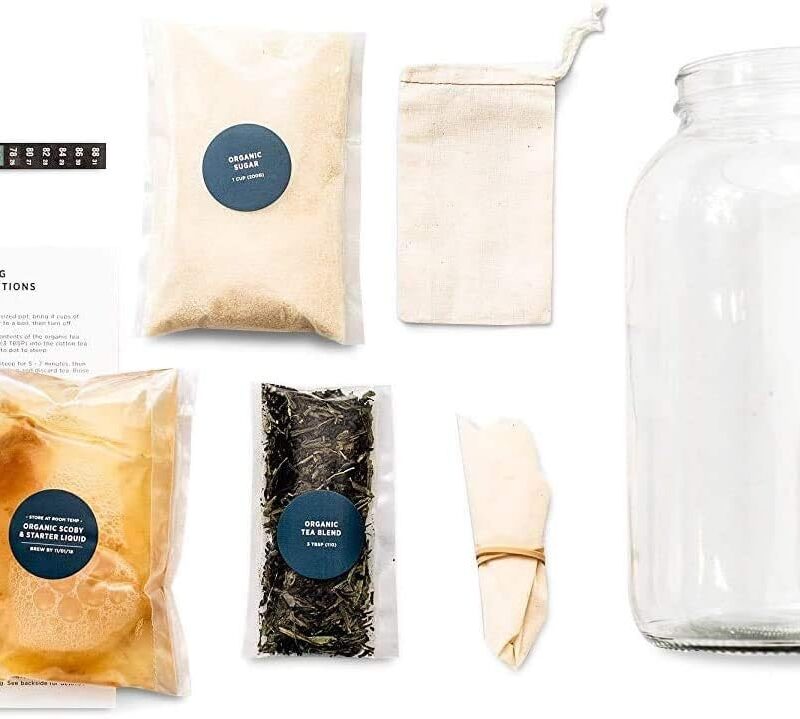 Kombucha Starter Kit - Organic Kombucha SCOBY & Strong Starter Liquid. Make Delicious Kombucha at Home with our USA Made 1 Gallon Glass Brew Jar, Temp Gauge, Tea & Sugar to Make 1 Gallon of Kombucha