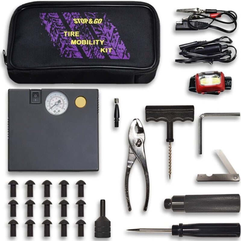 Stop & Go 5001 24 Piece Tubeless Mushroom Plug Tire Mobility Repair Kit & Air Compressor for Punctures & Flats on Car, Trucks, Trailers, & ATV (15 Plugs)