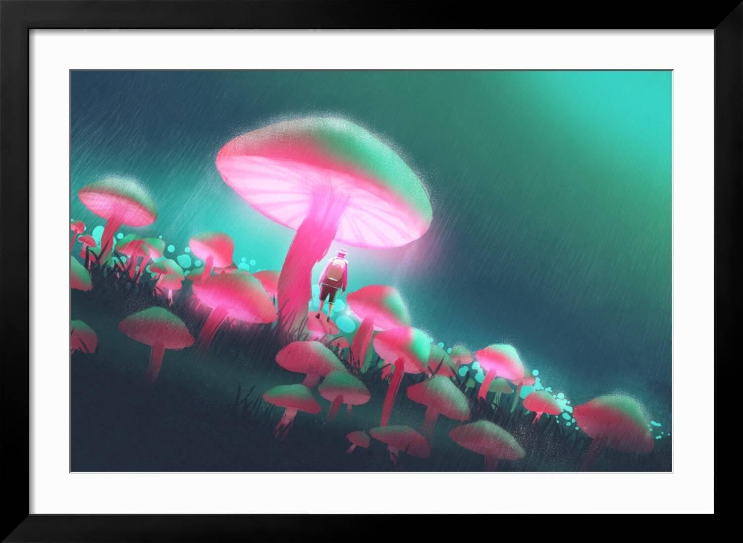 613r6jwO8TL._AC_SL1500_.jpg ART.COM Wall Art Print Hiker Man in the Big Mushrooms Forest at Rainy Night,Illustration Painting on Black Frame by Tithi Luadthong, 44" x 32" - Image 2