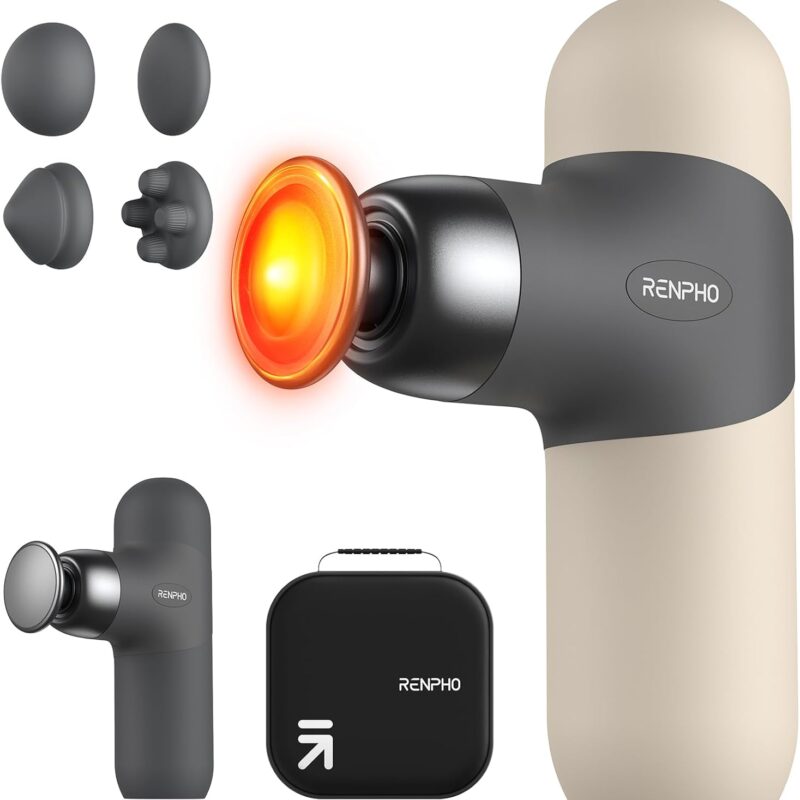 RENPHO Mini Thermal Massage Gun with Heat, Mothers Day Gifts, FSA HSA Eligible, Portable Deep Tissue Percussion Massager, Color Silicone Sleeves Travel Size with Carry Case, Grey