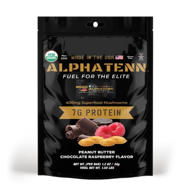 AlphaTenn Chocolate Peanut Butter Raspberry Protein Bar - 20 Pack bag - 1.2 oz Bars - 7 G Protein, High Protein, Gluten Free, On-the-go-snack, Perfect for Pre-workouts and Post-workouts, Low Sugar, High Potassium, Made with Real Ingredients and Functional Mushrooms 400 MG