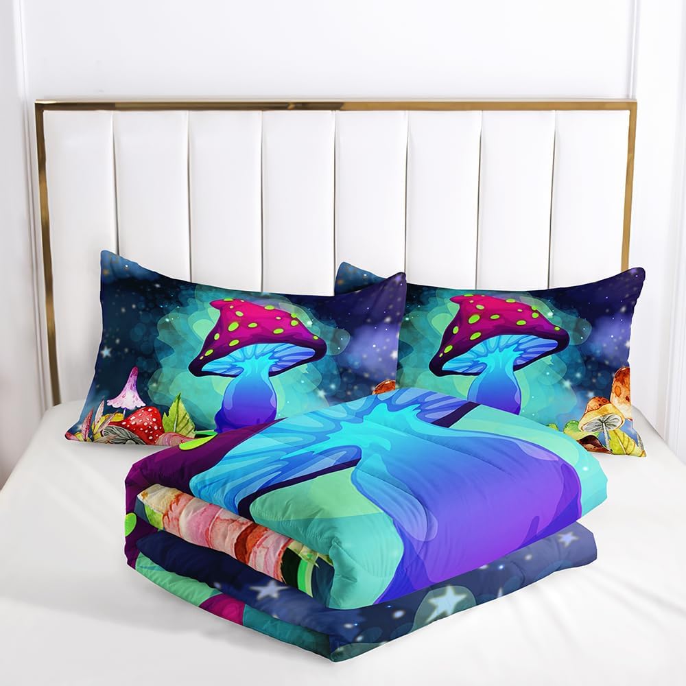 614vg3gSUGL._AC_SL1000_.jpg Rainbow Mushroom Comforter Set for Girls Kids Teens, Queen Size Fantasy Neon Botanical Flower Fungus Colorful Plant Quilted Duvet with 2 Natural Wild Plants Pattern Pillowcases-90 x90 (01, Queen) - Image 3